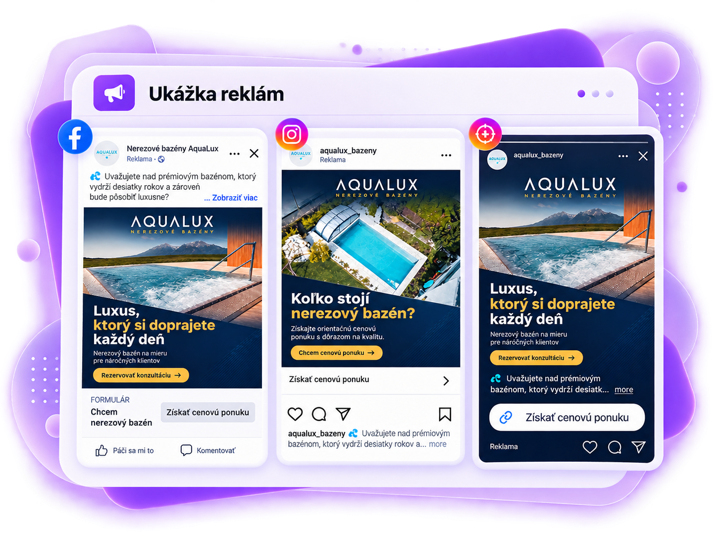 AquaLux — ukážka reklamných kreatív na nerezové bazény
