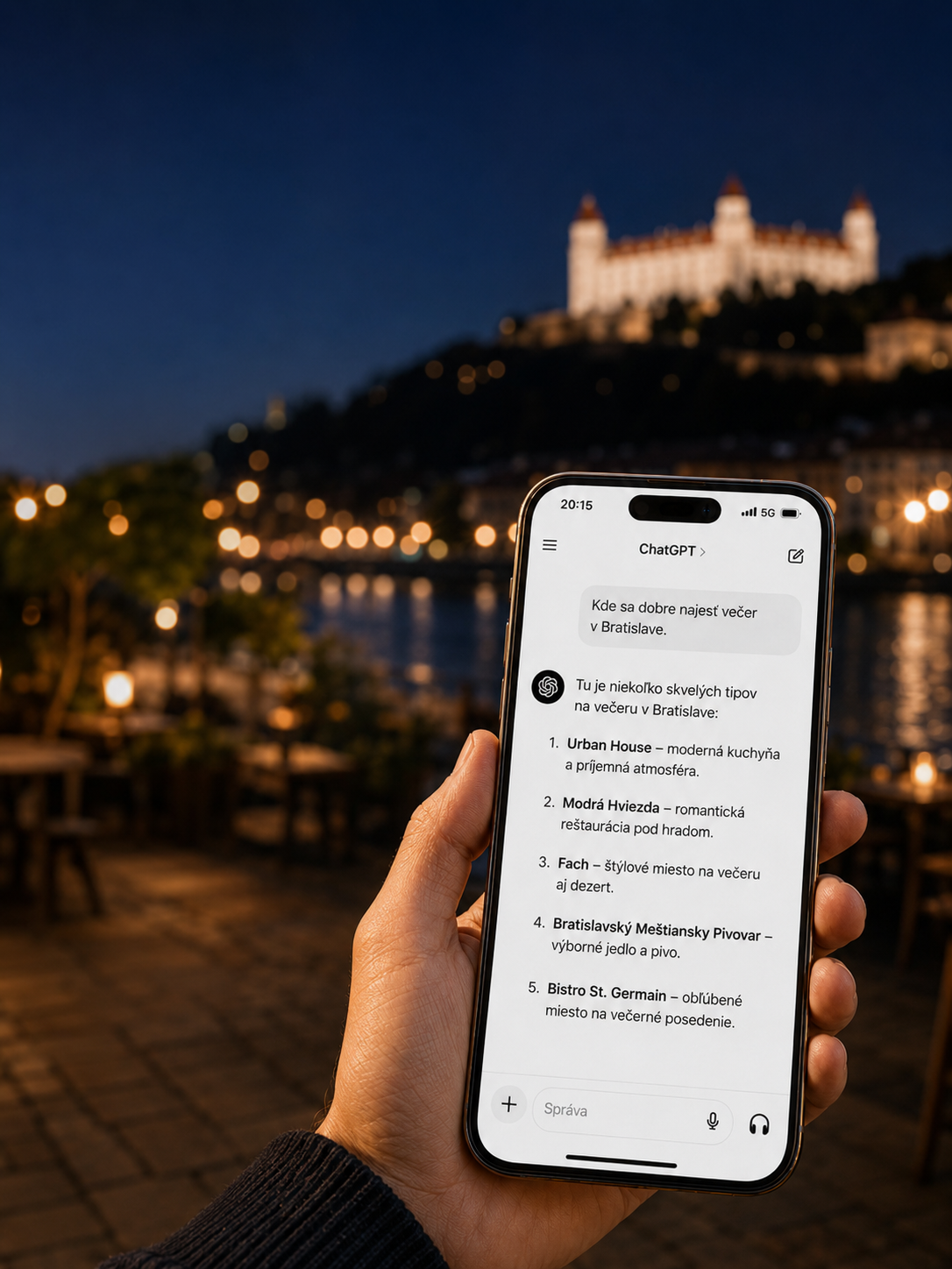 Príklad odpovede ChatGPT s odporúčaniami reštaurácií v Bratislave