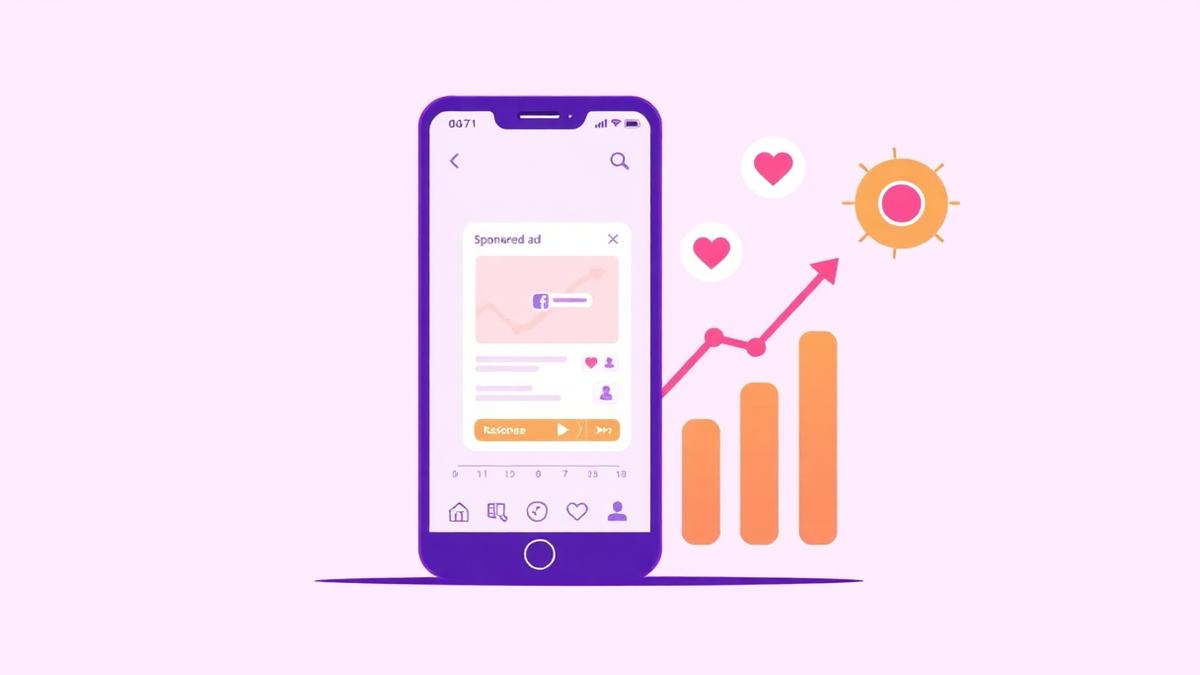 Ilustrácia fungovania Facebook reklamy — mobil so sponzorovaným príspevkom, cielenie na publikum a rastúci graf
