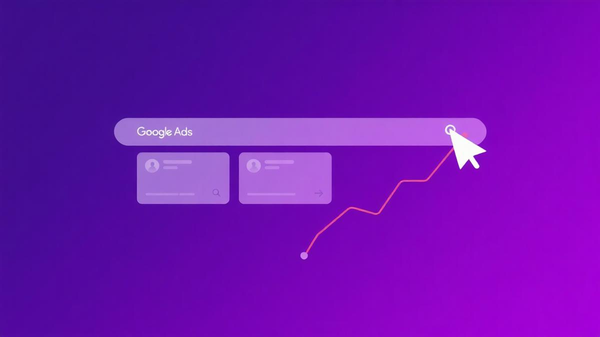 Ilustrácia fungovania Google reklamy — vyhľadávací panel, sponzorované výsledky a rastúci graf