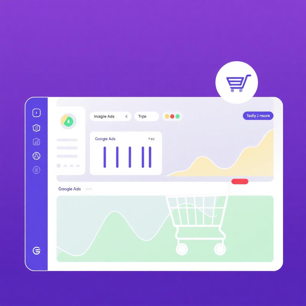 Ilustrácia eshop dashboardu s rastúcou krivkou Google Ads a nákupným košíkom na fialovom pozadí